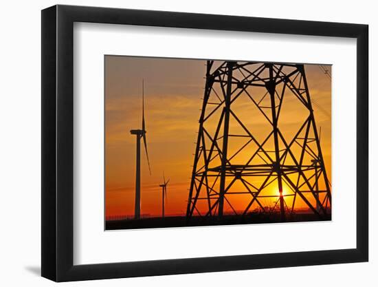 Windmills, pylon and power lines in morning light, Germany, Europe-Hans-Peter Merten-Framed Photographic Print