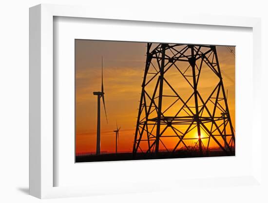 Windmills, pylon and power lines in morning light, Germany, Europe-Hans-Peter Merten-Framed Photographic Print