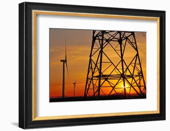 Windmills, pylon and power lines in morning light, Germany, Europe-Hans-Peter Merten-Framed Photographic Print