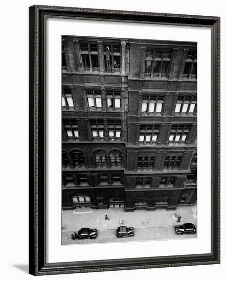 Window Cleaner Looks Down from the Roof of the Central Hotel in Hope Street, Glasgow-null-Framed Photographic Print