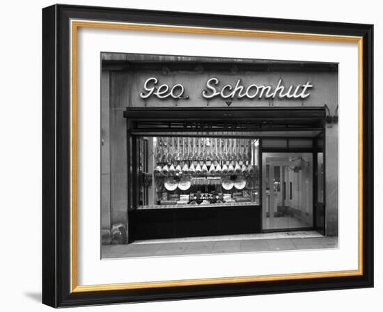 Window of George Schonhuts Butchers Shop, Barnsley, South Yorkshire, 1955-Michael Walters-Framed Photographic Print