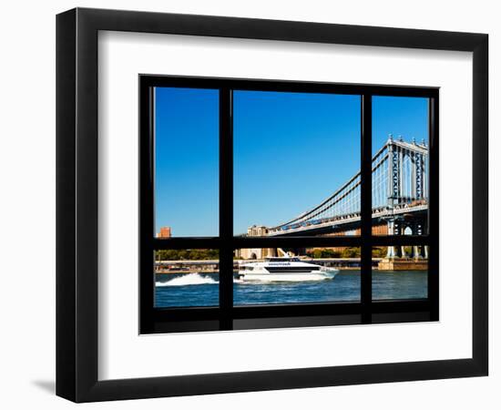 Window View, Special Series, Manhattan Bridge, Boat on East River, Manhattan, New York, US-Philippe Hugonnard-Framed Photographic Print