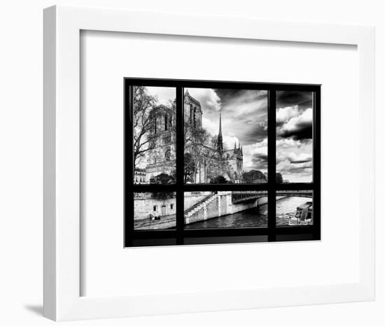 Window View, Special Series, Notre Dame Cathedral, Seine River, Paris, Black and White Photography-Philippe Hugonnard-Framed Photographic Print