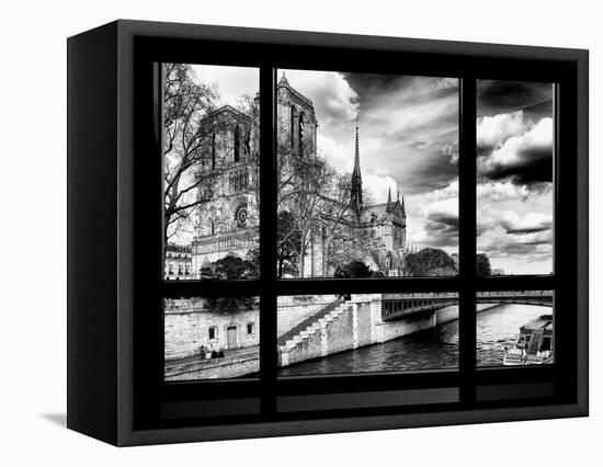 Window View, Special Series, Notre Dame Cathedral, Seine River, Paris, Black and White Photography-Philippe Hugonnard-Framed Premier Image Canvas