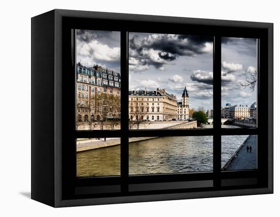 Window View, Walk a Couple of Lovers on the Seine, Ile Saint Louis, Seine River, Paris-Philippe Hugonnard-Framed Premier Image Canvas