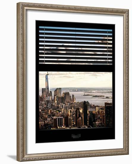 Window View with Venetian Blinds: Cityscape Manhattan Center (1 WTC) and Statue of Liberty View-Philippe Hugonnard-Framed Photographic Print