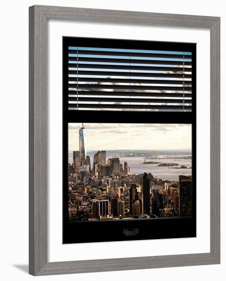 Window View with Venetian Blinds: Cityscape Manhattan Center (1 WTC) and Statue of Liberty View-Philippe Hugonnard-Framed Photographic Print