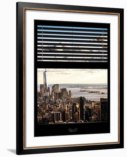 Window View with Venetian Blinds: Cityscape Manhattan Center (1 WTC) and Statue of Liberty View-Philippe Hugonnard-Framed Photographic Print