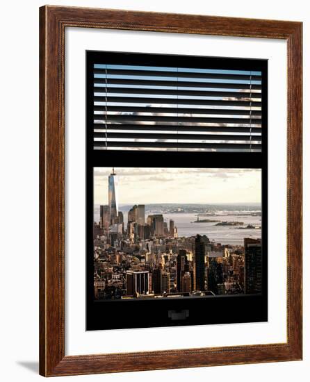 Window View with Venetian Blinds: Cityscape Manhattan Center (1 WTC) and Statue of Liberty View-Philippe Hugonnard-Framed Photographic Print