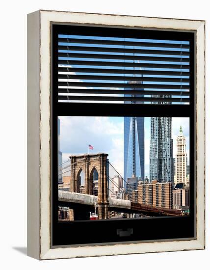 Window View with Venetian Blinds: Vertical Format of NYC Center and Brooklyn Bridge - Manhattan-Philippe Hugonnard-Framed Premier Image Canvas