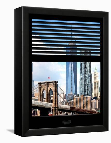 Window View with Venetian Blinds: Vertical Format of NYC Center and Brooklyn Bridge - Manhattan-Philippe Hugonnard-Framed Premier Image Canvas