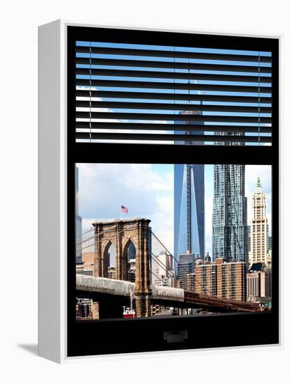 Window View with Venetian Blinds: Vertical Format of NYC Center and Brooklyn Bridge - Manhattan-Philippe Hugonnard-Framed Premier Image Canvas