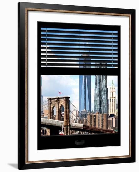 Window View with Venetian Blinds: Vertical Format of NYC Center and Brooklyn Bridge - Manhattan-Philippe Hugonnard-Framed Photographic Print