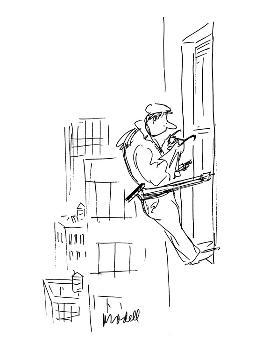 Window washer hanging out of window of offie building cleaning his glasses.  - New Yorker Cartoon' Premium Giclee Print - Frank Modell 