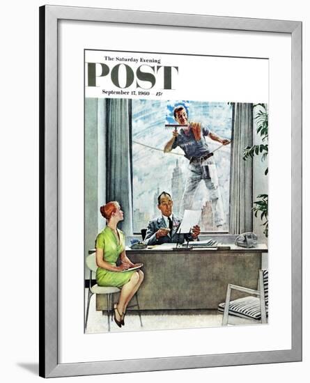 "Window Washer" Saturday Evening Post Cover, September 17,1960-Norman Rockwell-Framed Giclee Print