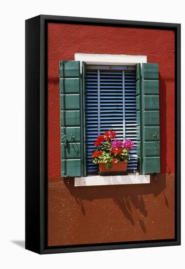 Window with Blue Venetian Blinds and Green Shutters Against Red-Brown Wall. - Burano, Venice-Robert ODea-Framed Premier Image Canvas