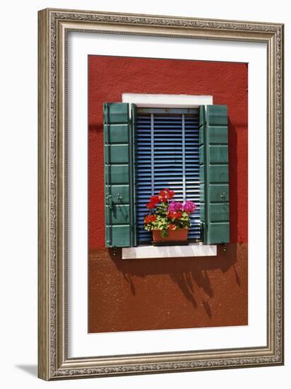 Window with Blue Venetian Blinds and Green Shutters Against Red-Brown Wall. - Burano, Venice-Robert ODea-Framed Photographic Print