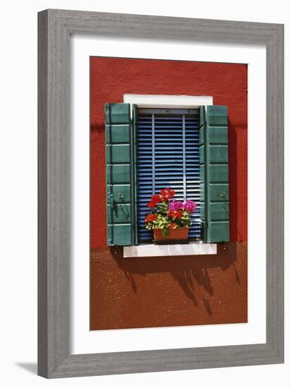 Window with Blue Venetian Blinds and Green Shutters Against Red-Brown Wall. - Burano, Venice-Robert ODea-Framed Photographic Print