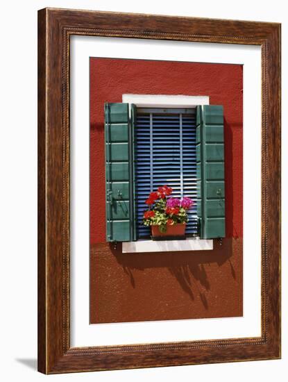 Window with Blue Venetian Blinds and Green Shutters Against Red-Brown Wall. - Burano, Venice-Robert ODea-Framed Photographic Print