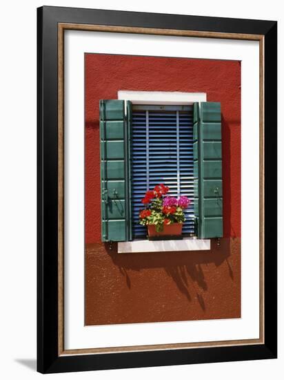 Window with Blue Venetian Blinds and Green Shutters Against Red-Brown Wall. - Burano, Venice-Robert ODea-Framed Photographic Print