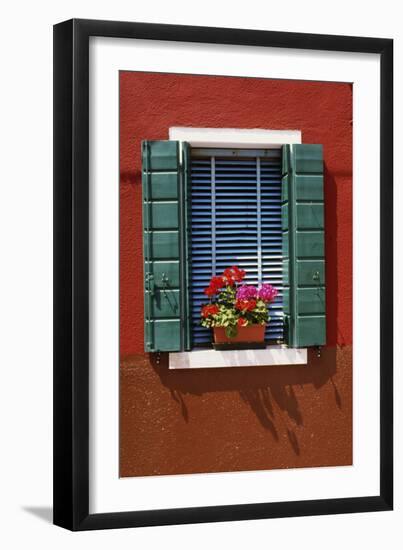 Window with Blue Venetian Blinds and Green Shutters Against Red-Brown Wall. - Burano, Venice-Robert ODea-Framed Photographic Print