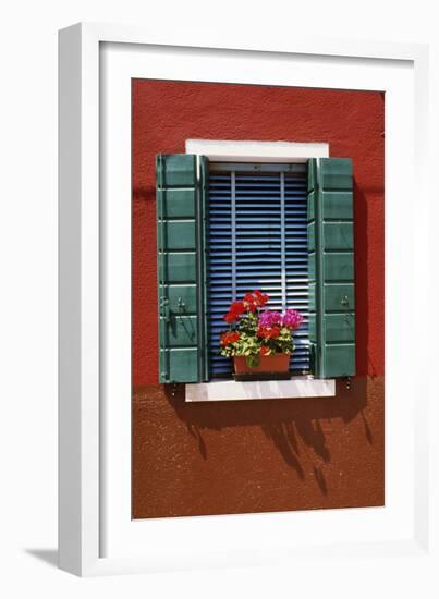 Window with Blue Venetian Blinds and Green Shutters Against Red-Brown Wall. - Burano, Venice-Robert ODea-Framed Photographic Print