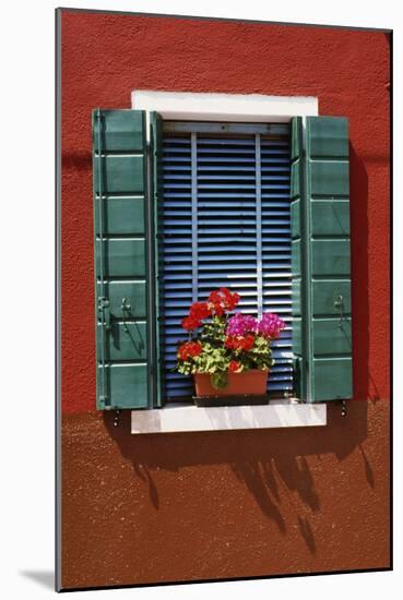 Window with Blue Venetian Blinds and Green Shutters Against Red-Brown Wall. - Burano, Venice-Robert ODea-Mounted Photographic Print