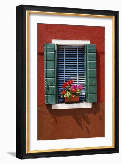 Window with Blue Venetian Blinds and Green Shutters Against Red-Brown Wall. - Burano, Venice-Robert ODea-Framed Photographic Print