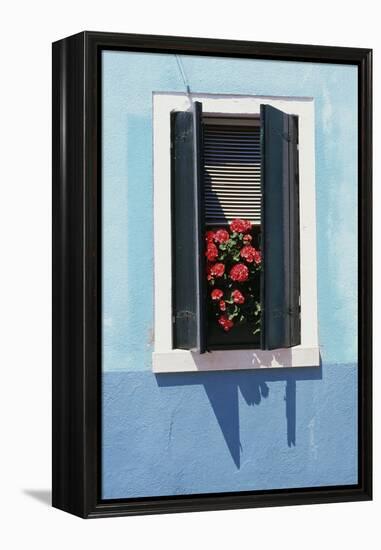 Windowwith Venetian Blinds and Shutters on Blue Wall. - Burano, Venice-Robert ODea-Framed Premier Image Canvas