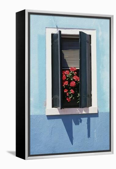 Windowwith Venetian Blinds and Shutters on Blue Wall. - Burano, Venice-Robert ODea-Framed Premier Image Canvas