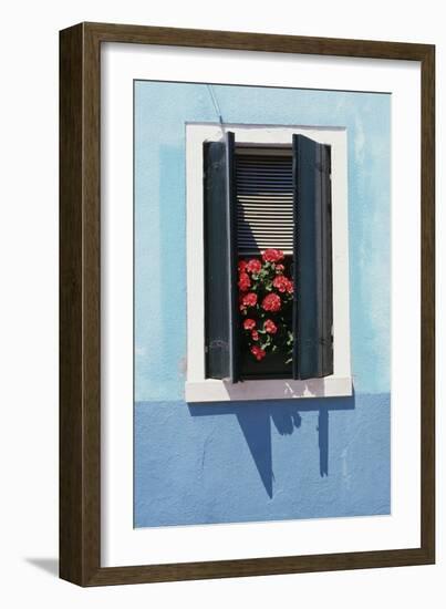 Windowwith Venetian Blinds and Shutters on Blue Wall. - Burano, Venice-Robert ODea-Framed Photographic Print