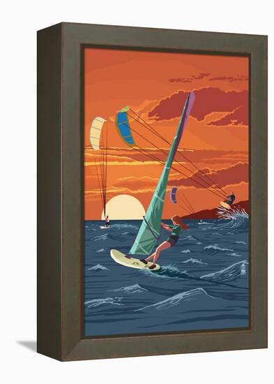 Windsurfers and Sunset-Lantern Press-Framed Stretched Canvas