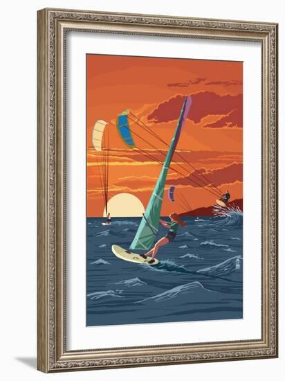 Windsurfers and Sunset-Lantern Press-Framed Art Print