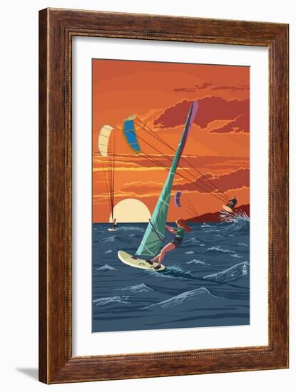 Windsurfers and Sunset-Lantern Press-Framed Art Print