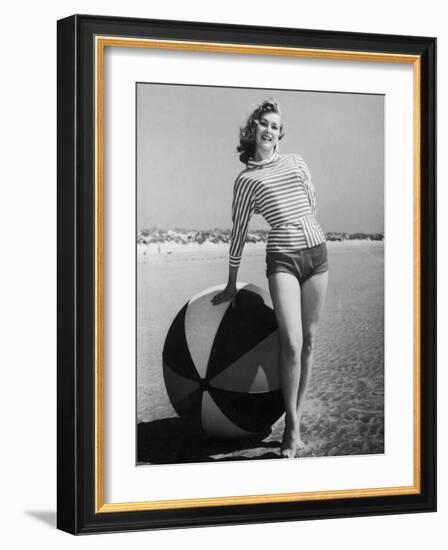 Windswept Young Lady Wearing Shorts and a Stripey Dolman-Charles Woof-Framed Photographic Print