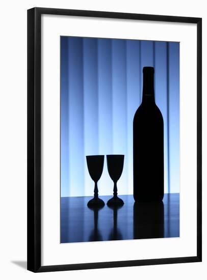 Wine Bottle With Two Glasses, Dramatic Light, Copy-Space For Text-logoboom-Framed Art Print