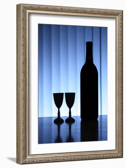 Wine Bottle With Two Glasses, Dramatic Light, Copy-Space For Text-logoboom-Framed Art Print