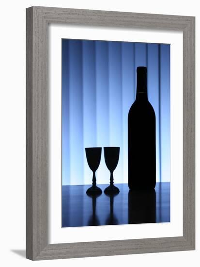 Wine Bottle With Two Glasses, Dramatic Light, Copy-Space For Text-logoboom-Framed Art Print