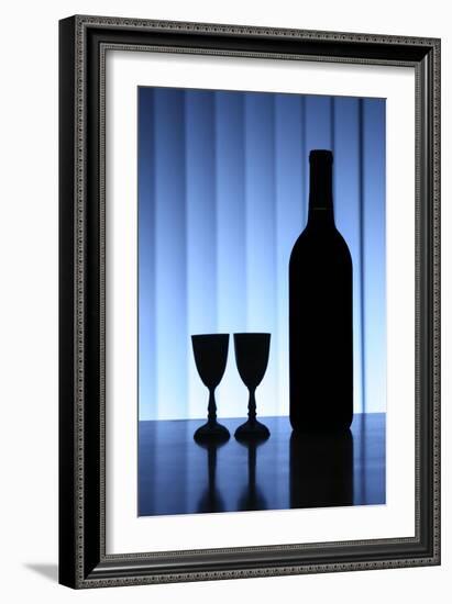 Wine Bottle With Two Glasses, Dramatic Light, Copy-Space For Text-logoboom-Framed Art Print