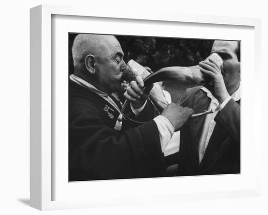 Wine from Silver-Chased Cattle Horns Downed by Toasters at Party on a Wine-Making Farm-Stan Wayman-Framed Photographic Print