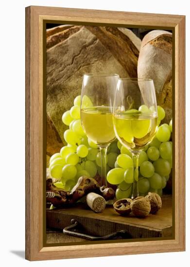 Wine Glasses with White Wine and Grapes-null-Framed Premier Image Canvas