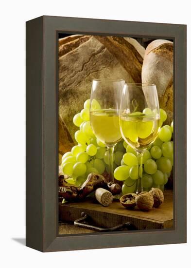 Wine Glasses with White Wine and Grapes-null-Framed Premier Image Canvas