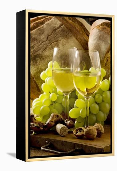 Wine Glasses with White Wine and Grapes-null-Framed Premier Image Canvas
