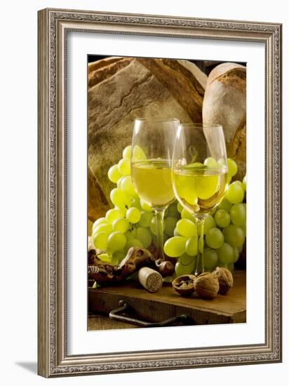 Wine Glasses with White Wine and Grapes-null-Framed Photographic Print