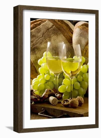 Wine Glasses with White Wine and Grapes-null-Framed Photographic Print