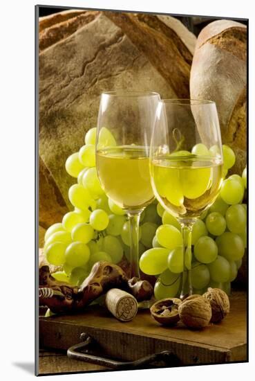 Wine Glasses with White Wine and Grapes-null-Mounted Photographic Print