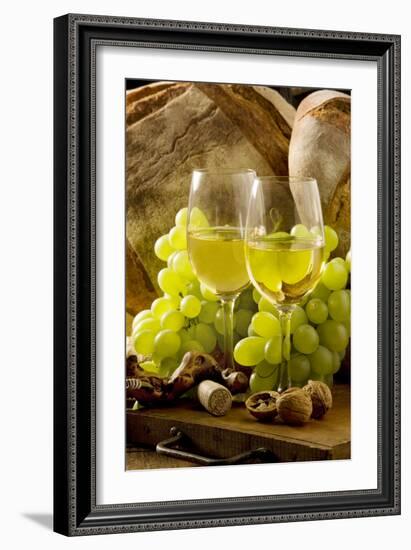 Wine Glasses with White Wine and Grapes-null-Framed Photographic Print