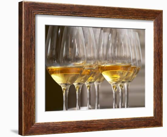 Wine Tasting Glasses with Golden Sweet White Wine from Uroulat Jurancon Charles Hours, France-Per Karlsson-Framed Photographic Print