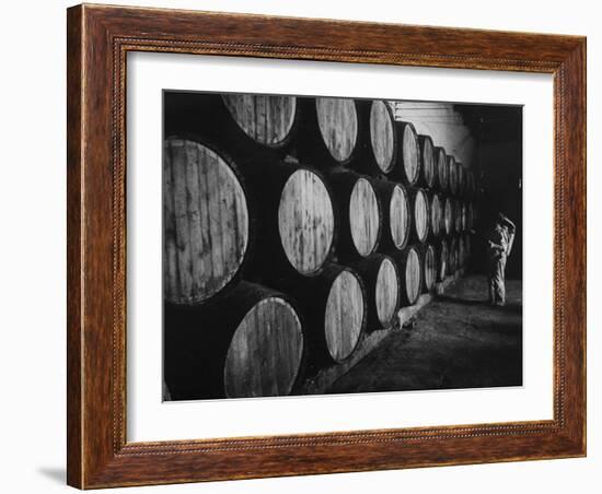 Winery Worker Checking Barrels of Wine-null-Framed Photographic Print