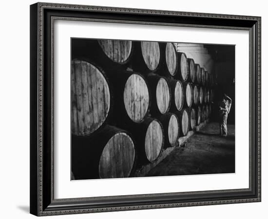 Winery Worker Checking Barrels of Wine-null-Framed Photographic Print